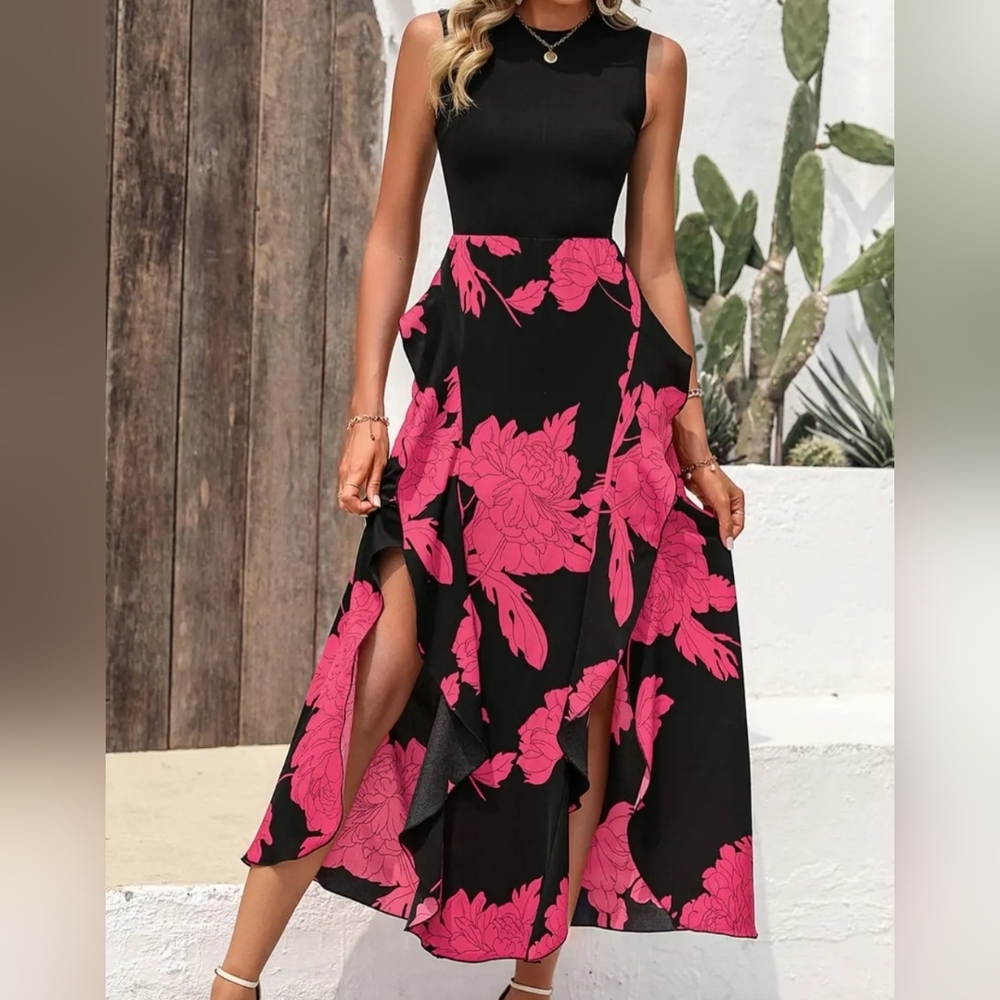 Sleeveless Black Maxi Dress with Pink Floral Print Medium